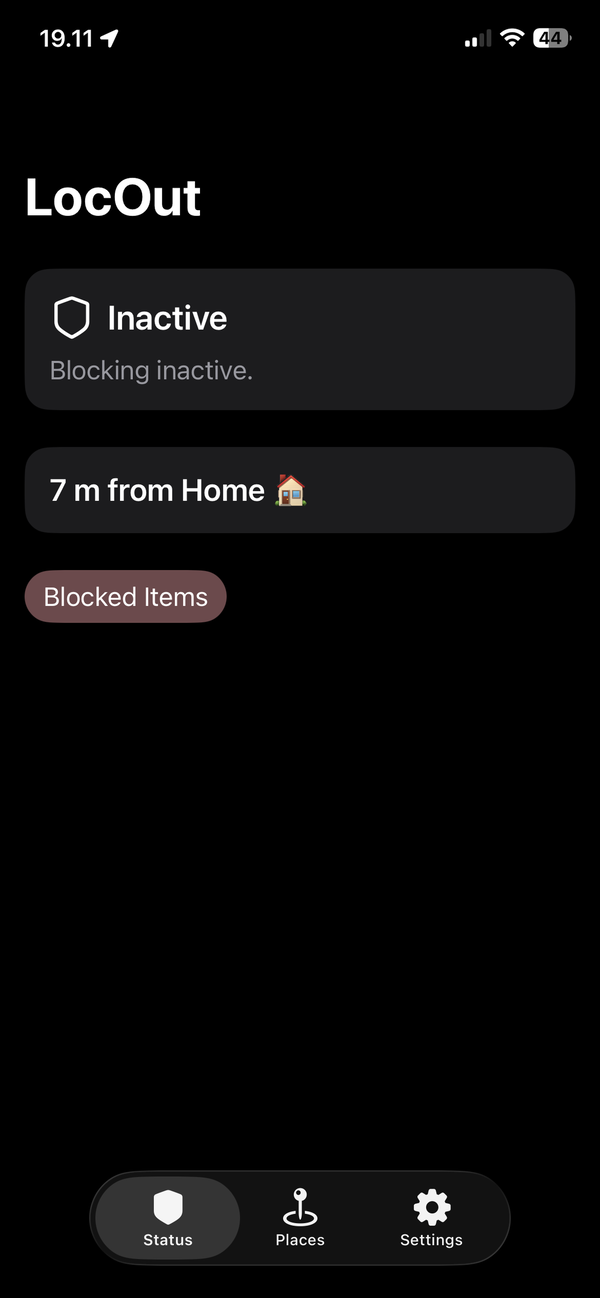 Loc Out status screen showing Inactive, with the note Blocking inactive and a card reading 7 m from Home, above a Blocked Items button and the Status, Places and Settings tabs.