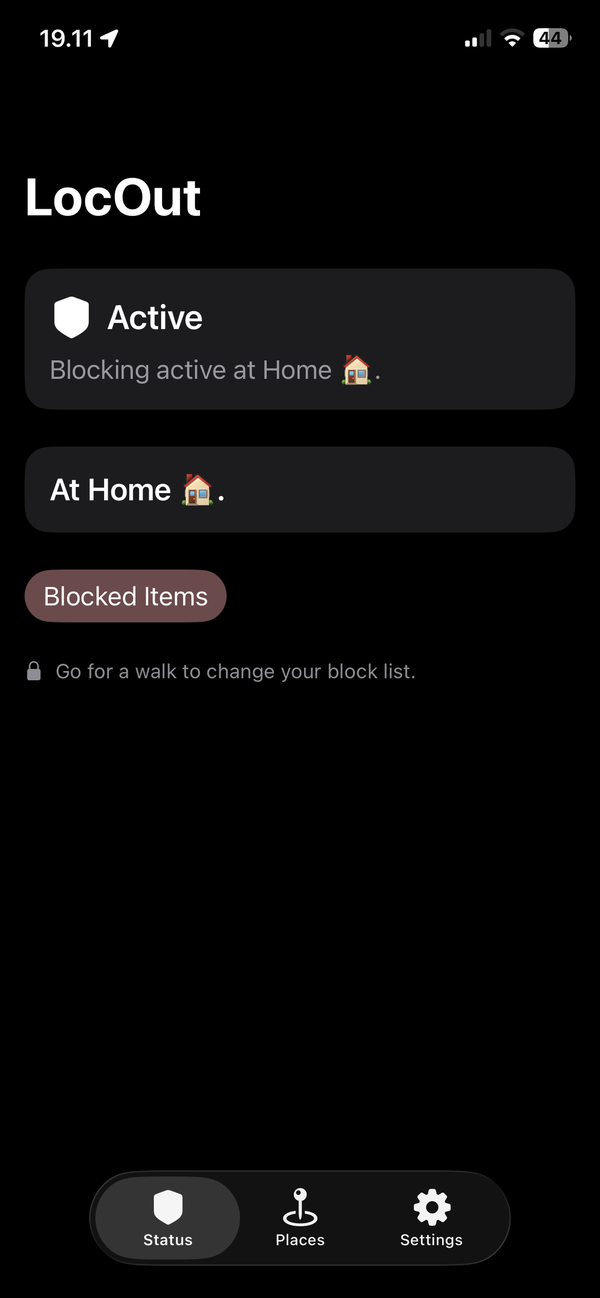 Loc Out status screen showing Active, with the note Blocking active at Home, a card reading At Home, and a locked hint reading Go for a walk to change your block list.