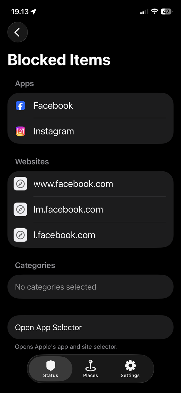 The Blocked Items screen listing Facebook and Instagram under Apps, three facebook.com addresses under Websites, no categories selected, and an Open App Selector button.